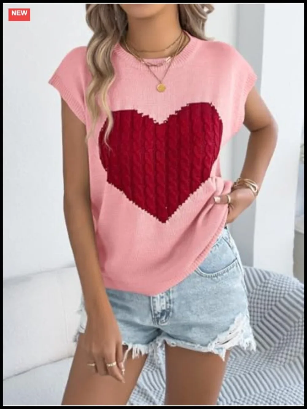 Women's Cap Sleeve Sweater Vest Heart Printed Cable Knit Crew Neck Lightweight